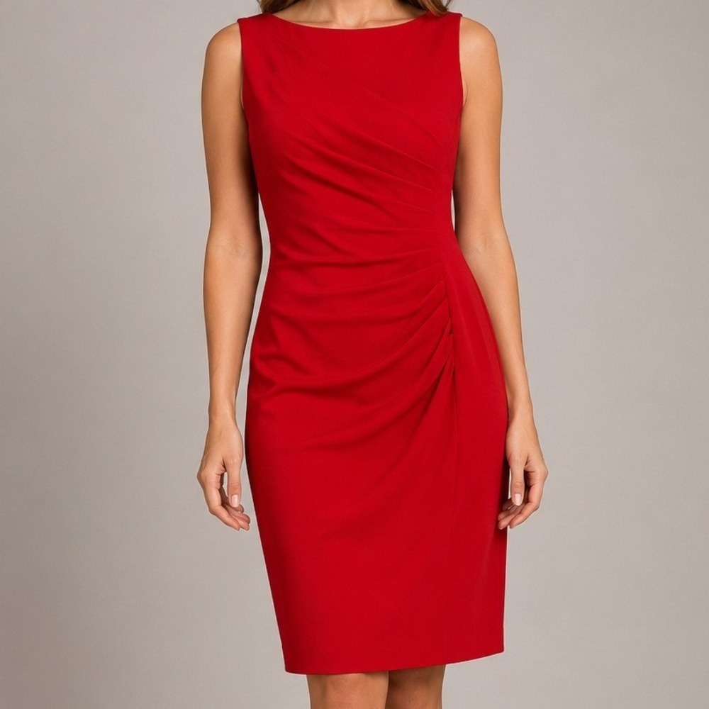 NWT Calvin Klein Red Ruched Elegant Sleeveless Sheath Dress Boat Neck Size 12